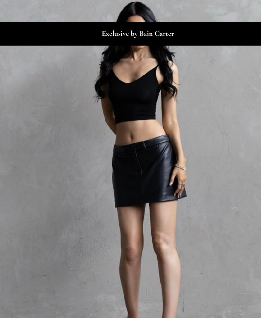 High class escort wearing black crop top and leather skirt with elegant elite companion style